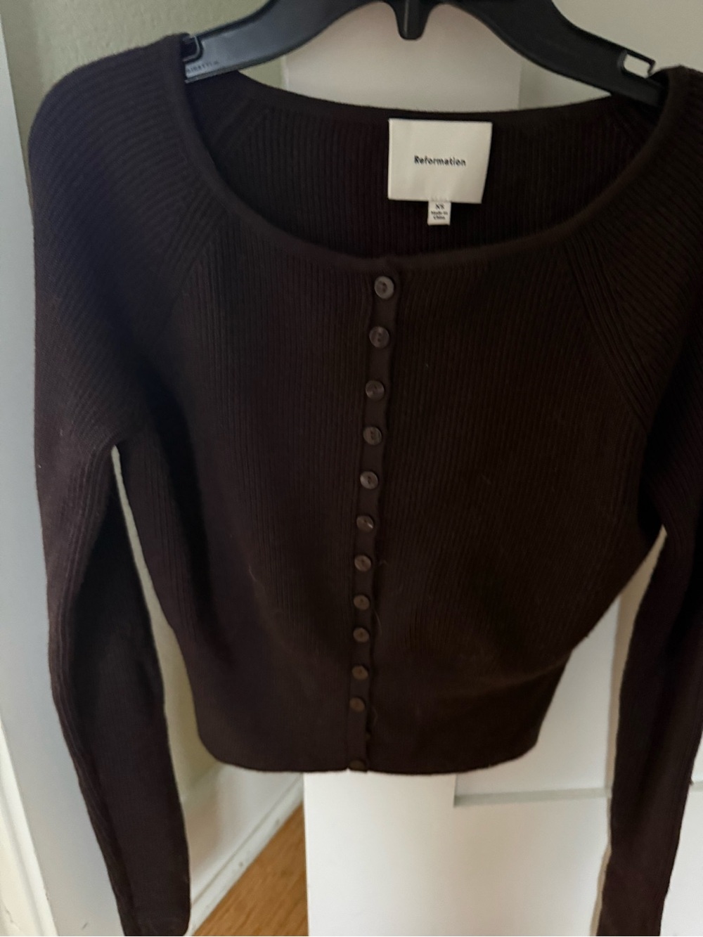 Reformation Dark Brown Button-Front Ribbed Cardigan